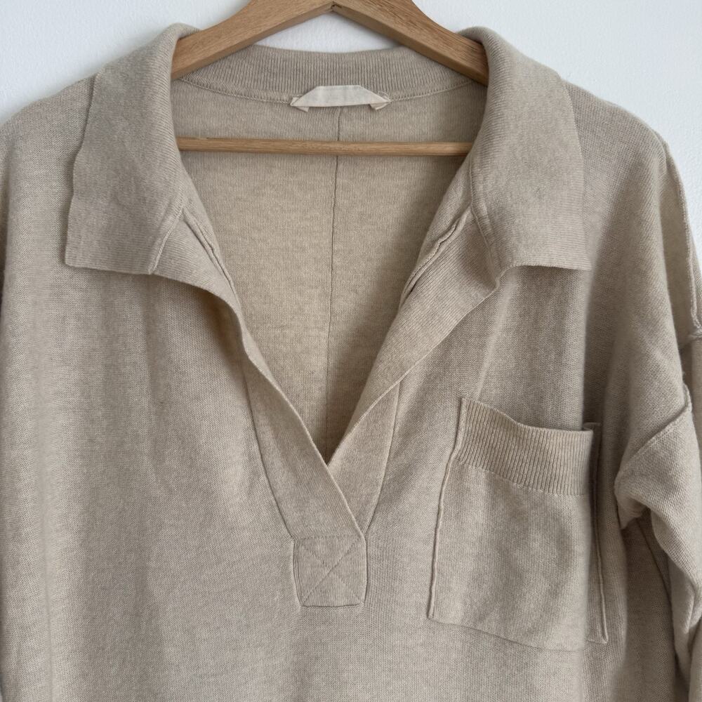FREE PEOPLE Dana Cashmere Wool Luxe Ivory Beige Slit Polo Midi Sweater Dress S - Picture 5 of 12